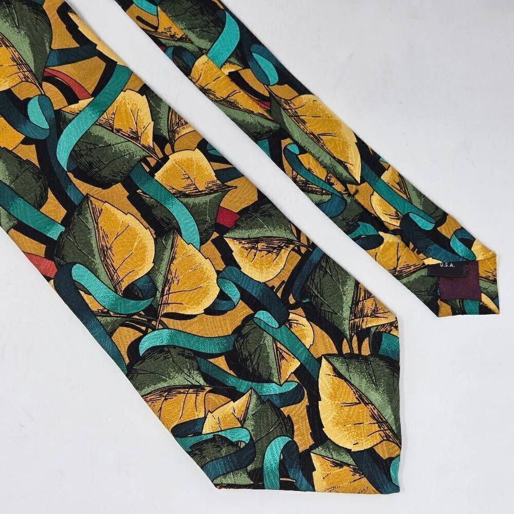 POWER LINE ELECTRIC NECKWEAR SILK TIE GREEN GOLD VIBRANT LEAVES SATIN 4" X 57"